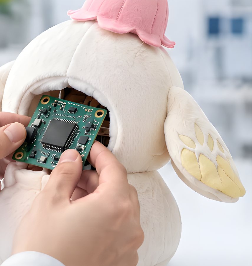 ぬいぐるみにAIモジュールを組み込む様子